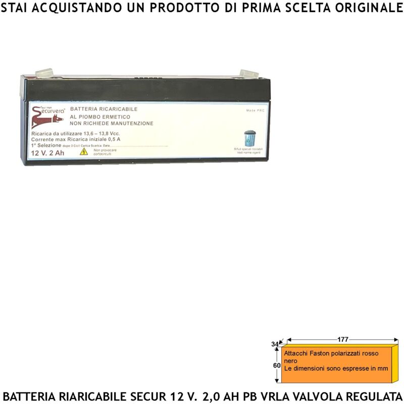 foto del prodotto securvera batteria piombo 12 v 2,0 ah ricaricabile ermetica vrla regolata da valvola collegamento tramite 2 faston 5 mm polarizzati caricata 3