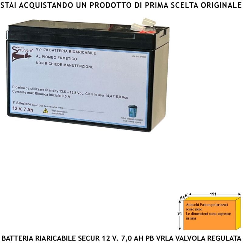 foto del prodotto securvera batteria piombo 12 v 7,0 ah ricaricabile ermetica vrla regolata da valvola collegamento tramite 2 faston 5 mm polarizzati caricata 3