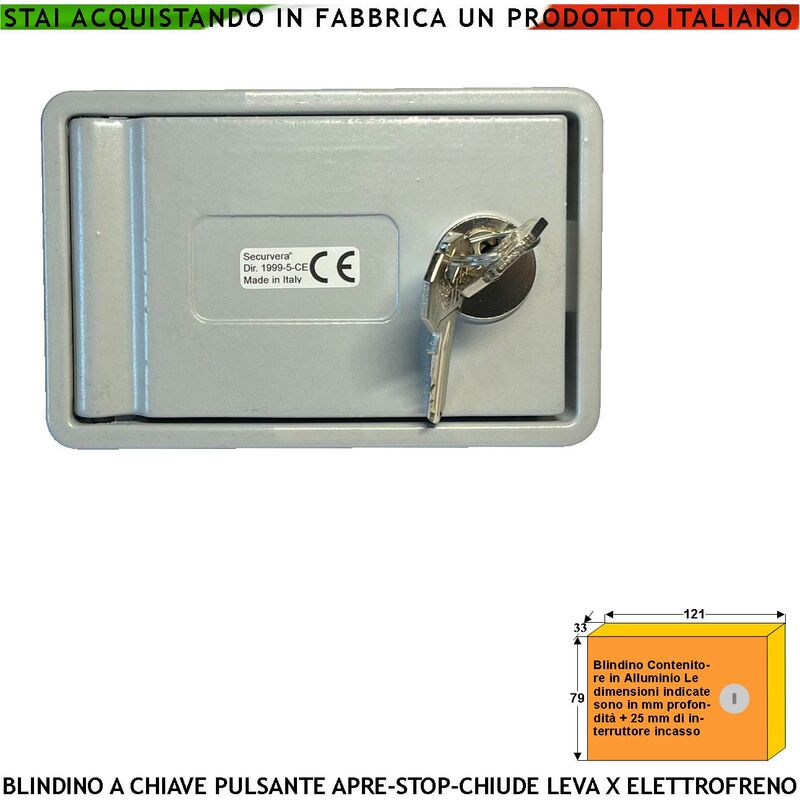 foto del prodotto securvera blindino in alluminio da incasso con 2 chiavi pulsante elettrico apre chiude 15a 230 v leva di emergenza assenza rete sblocco