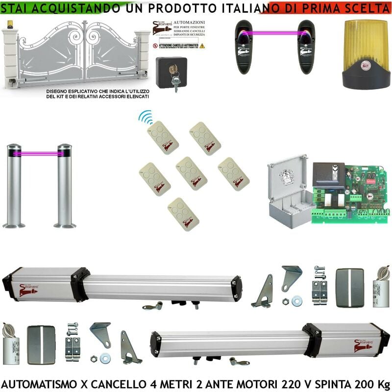 foto del prodotto securvera cancello elettrico 4 metri 2 ante da 2 mt kit motori elettromeccanici 230 v sblocco corsa 300 mm spinta 2 q.li staffe 2 coppie
