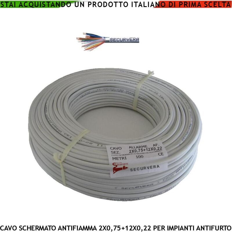 foto del prodotto securvera cavo schermato flessibile antifiamma 2x0,75 12x0,22 mm guaina pvc bianco prot. alluminio poliestere drenaggio conduttore fili 7 0,19