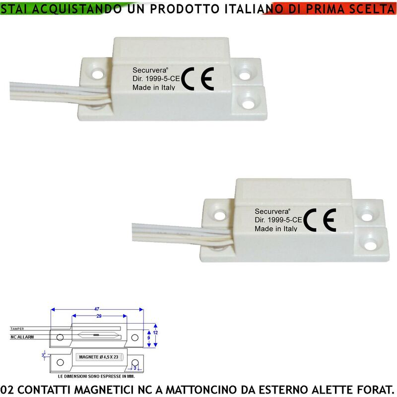 foto del prodotto securvera contatti magnetici da esterno 2 pezzi con alette di fissaggio reed sottovuoto sensibilit magnetica 13 mm tensione max 30 v 0,5 a carico
