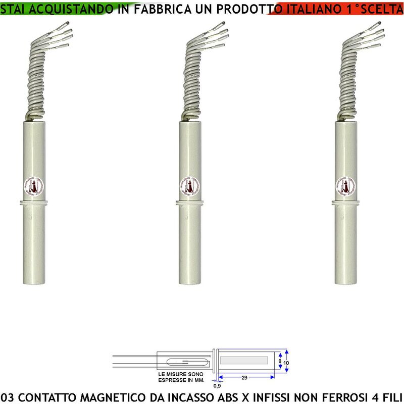 foto del prodotto securvera contatto magnetico a scomparsa 3 sensori magnetici 8 mm reed uscita nc collegamento 4 fili tensione transito max 100 v 10 w carico