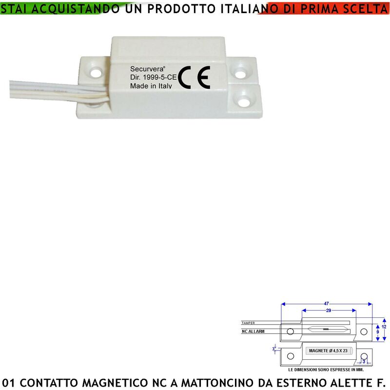 foto del prodotto securvera contatto magnetico abs da esterno con alette forate di fissaggio reed sottovuoto sensibilit magnetica 13 mm tensione max 30 v 0,5 a