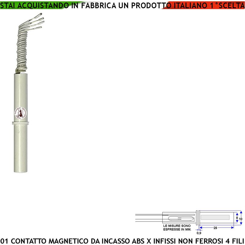 foto del prodotto securvera contatto magnetico da incasso sensore magnetico 8 mm reed uscita nc collegamento 4 fili tensione transito max 100 v 10 w carico resistivo