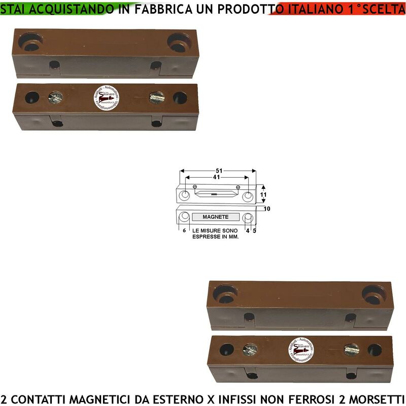 foto del prodotto securvera contatto magnetico esterno due pezzi fori di fissaggio sensore reed sensibilit magnetica 13 mm tensione contatto max 30 v 0,5 a carico
