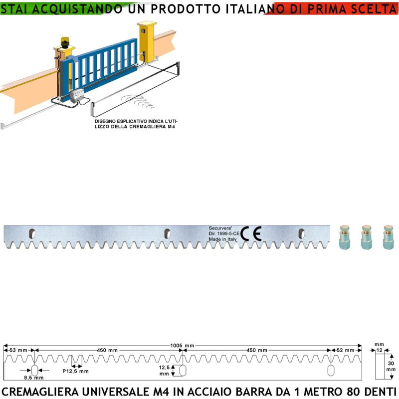 foto del prodotto securvera cremagliera universale m4 modulo da 1 mt con 80 denti in acciaio zincato 12x30 mm portata garantita 22 q.li max 30 q.li fissaggio 3