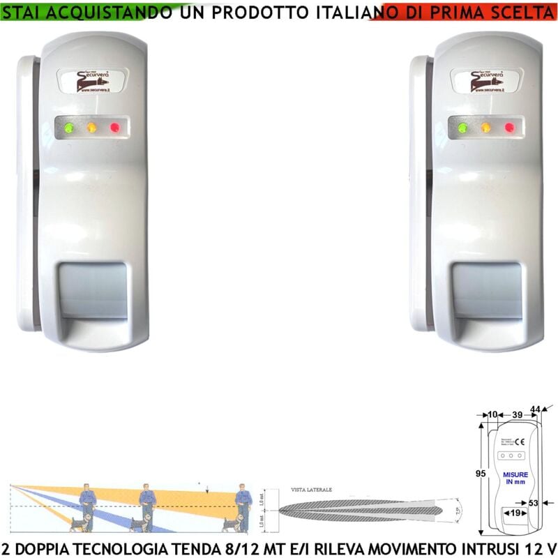 foto del prodotto securvera doppia tecnologia tenda dual pir e micronda 2 pezzi portata 8 12 mt sensore esterno rampa scala rileva movimento ignoti ladri invia
