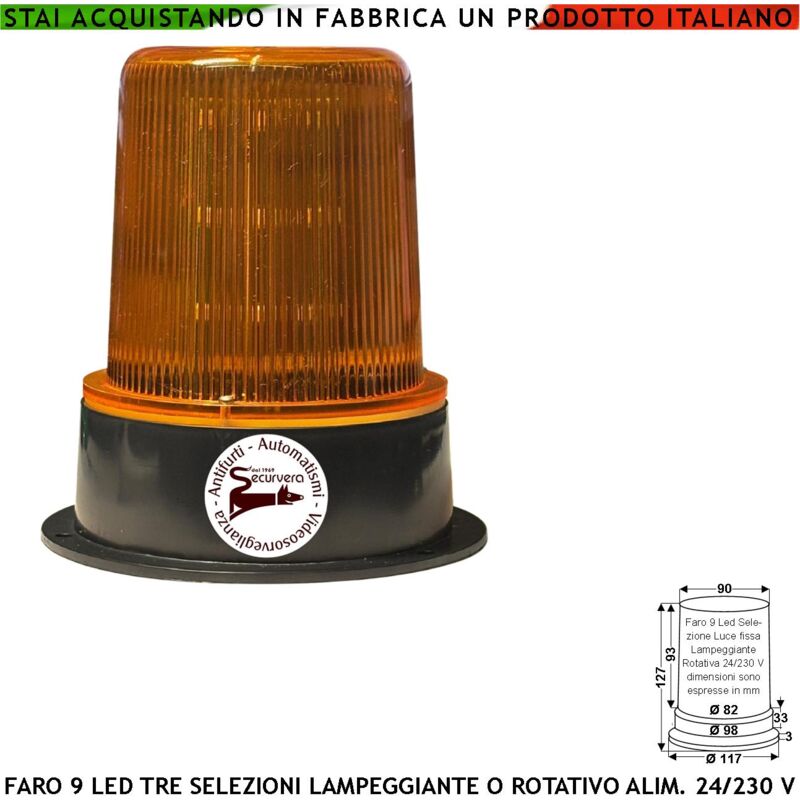 foto del prodotto securvera faro arancione 9 led su 3 steli selezione luce fissa lampeggiante o rotante aliment. 12 24 230 v montaggio a palo o parete uso monitore