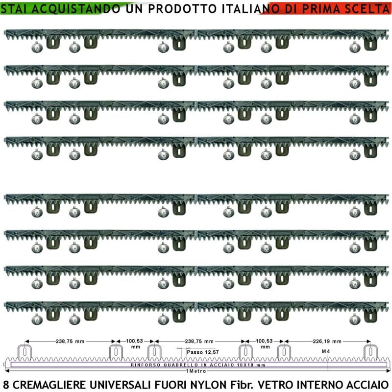 foto del prodotto securvera kit cremagliera universale m4 antiusura otto pezzi da 1 metro in nylon antirumore con anima in acciaio portata 6 q.li max 10 q.li 6
