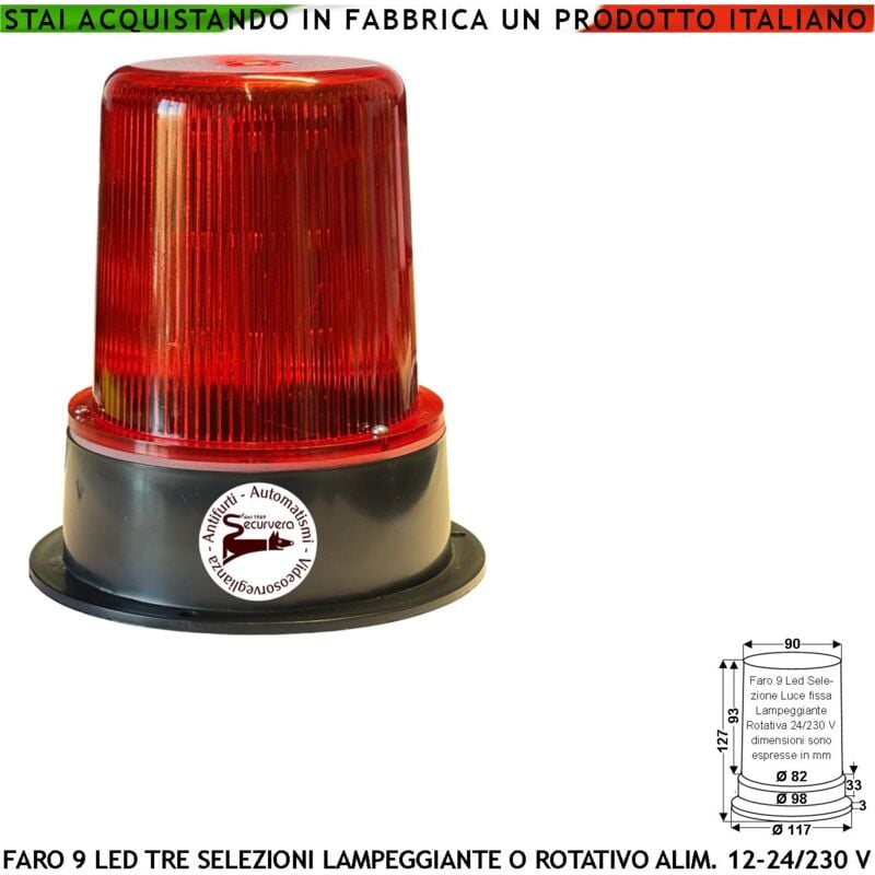 foto del prodotto securvera lampeggiante rosso luce 9 led su 3 steli funzioni fissa o rotante aliment. 12 24 230 v montaggio da palo o parete uso come ripetitore