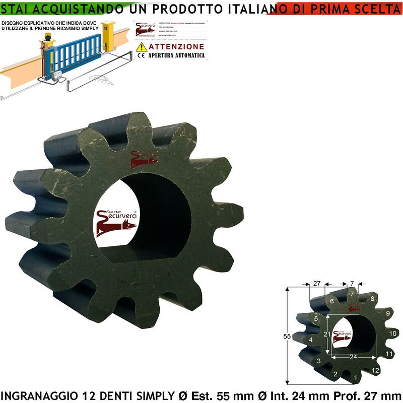 foto del prodotto securvera pignone ricambio motore cancello scorrevole adatto alla cremagliera universale m4 acciaio ingranaggio esterno 12 denti z12 simply 48