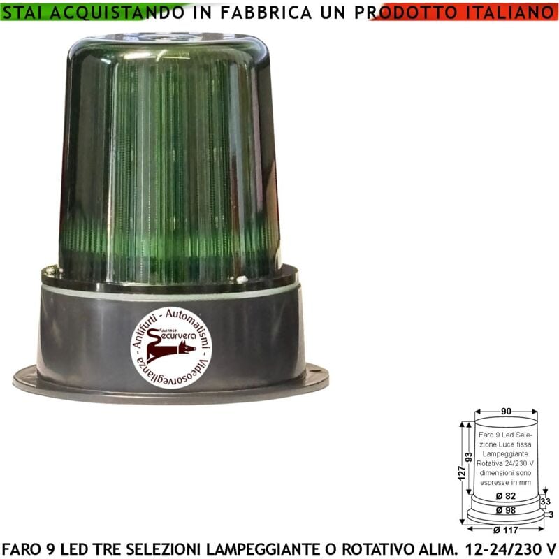 foto del prodotto securvera segnale verde 9 led su 3 steli funzioni luce fissa lampeggiante o rotante alimentazione 12 24 230 v montaggio a palo o parete ripetitore