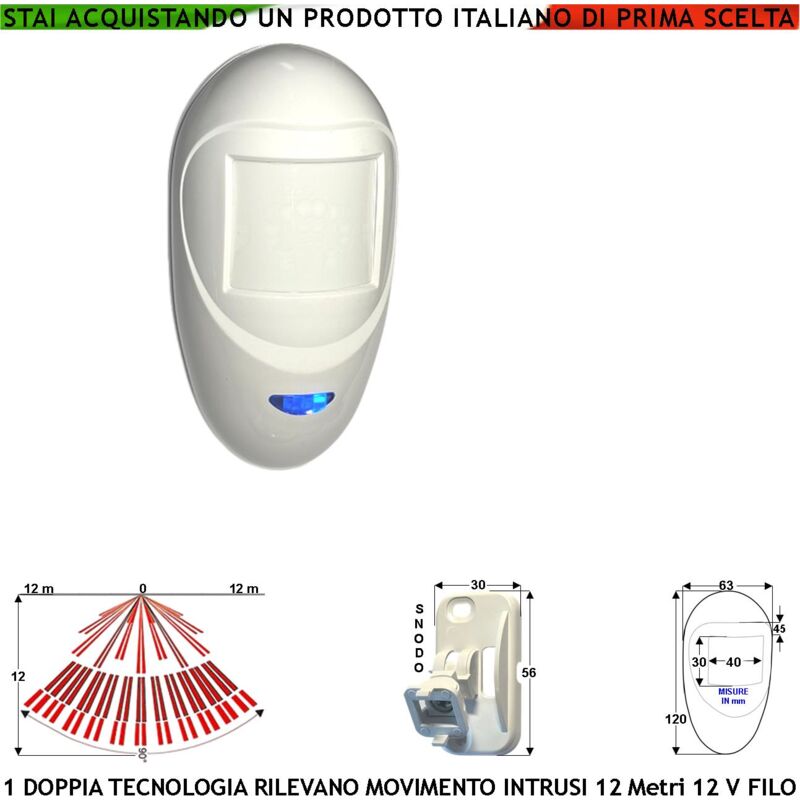 foto del prodotto securvera - sensore di movimento doppia tecnologia grandangolo antifurto portata 12 mt da interno rileva intruso aliment. 12 v assorb. 40 ma