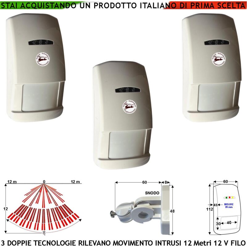 foto del prodotto securvera sensore di movimento per antifurto 3 doppia tecnologia grandangolo portata 12 mt da interno rilevano intrusi alim. 12 v assorb. 40 ma