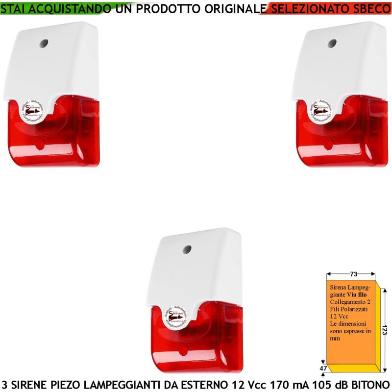 foto del prodotto securvera sirena piezoelettrica lampeggiante 3 pezzi per antifurto a parete melodia bitono da 1500 4000 hz 105 db alimentazione 12 vcc assorbimento