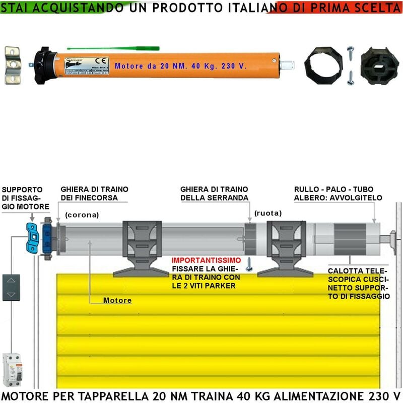 foto del prodotto securvera tapparella elettrica motore 230 v 140 w potenza di traino 20 nm circa 40 kg blocco sollevamento telo fine corsa regolabili accessori
