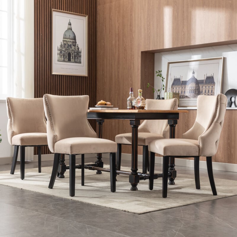 immagine 0 del prodotto sedia a 4 gambe, sedia da pranzo in velluto beige, con trapuntatura a bottoni, struttura in legno massello, beige set, 4 pezzi 