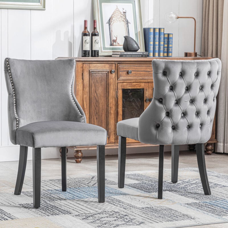foto del prodotto sedia a 4 gambe, sedia da pranzo in velluto grigio, con trapuntatura a bottoni, struttura in legno massello, grigio, set, 2 pezzi 