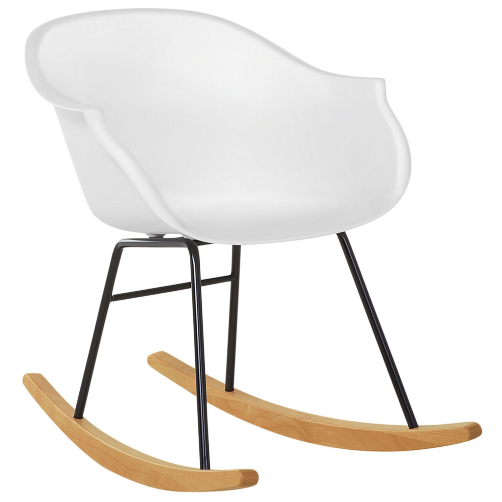 foto del prodotto sedia a dondolo bianco materiale sintetico gambe in metallo seduta conchiglia pattini in legno massello stile scandinavo moderno