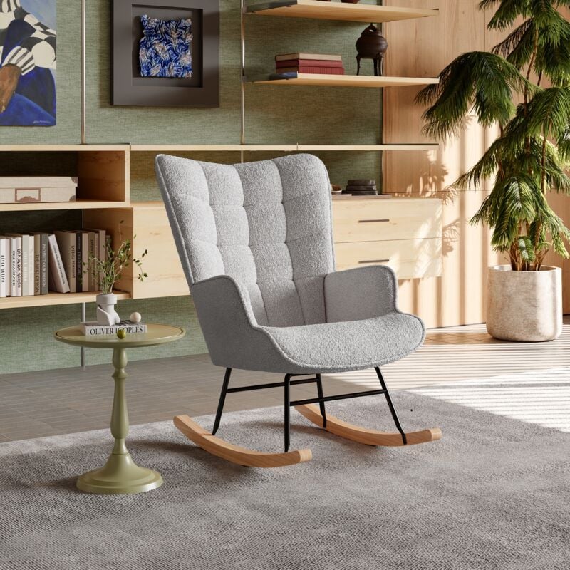 foto del prodotto sedia a dondolo, comoda sedia a dondolo in tessuto - con braccioli e schienale imbottito, gambe in legno massello, stile scandinavo - grigio