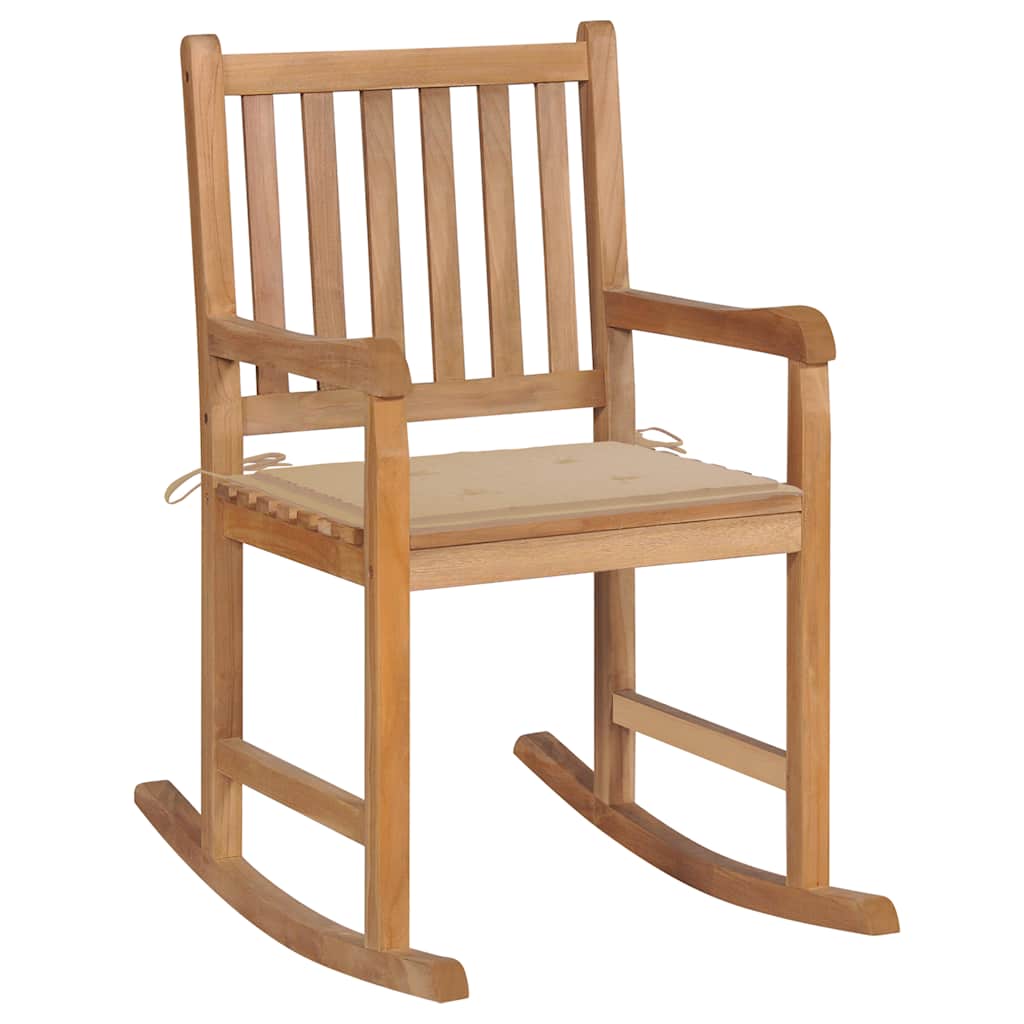 foto del prodotto sedia a dondolo con cuscino beige in massello di teak cod mxl 67113