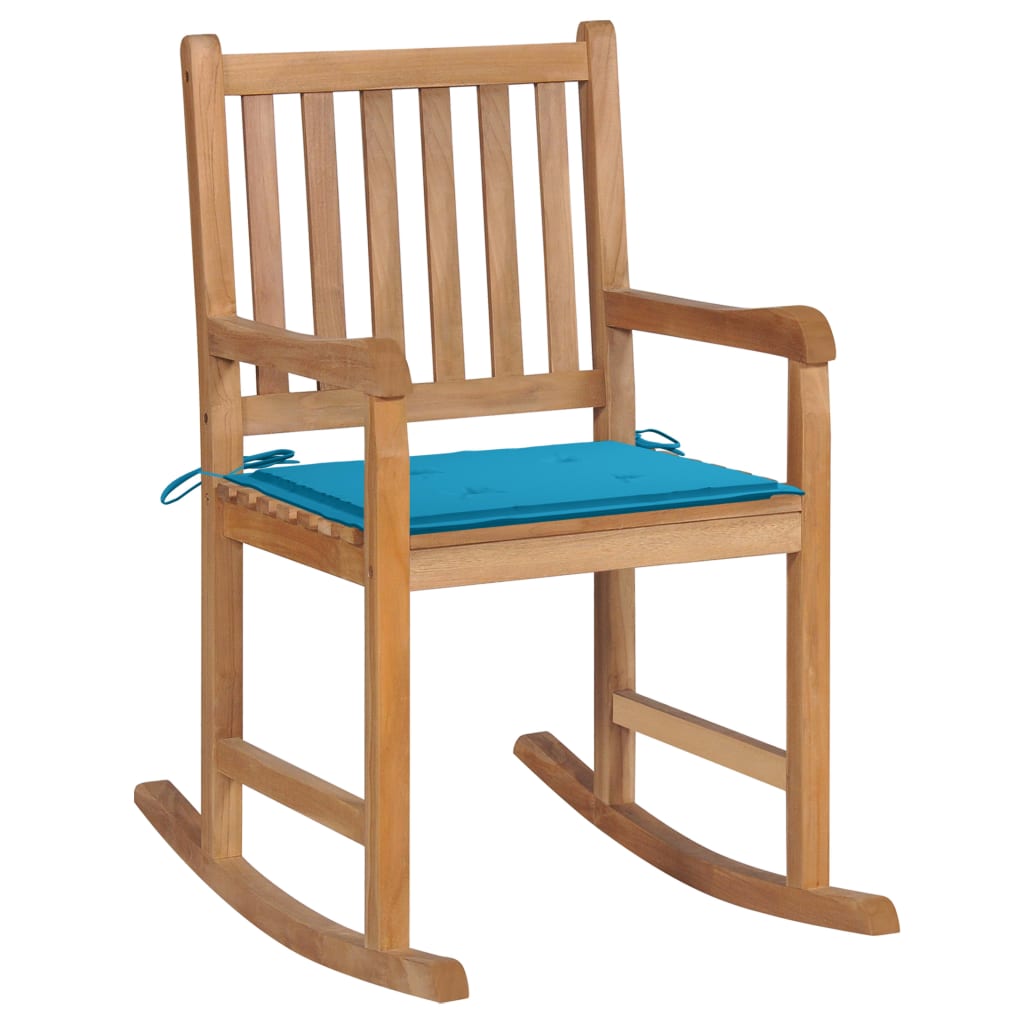 foto del prodotto sedia a dondolo con cuscino blu in massello di teak cod mxl 45611