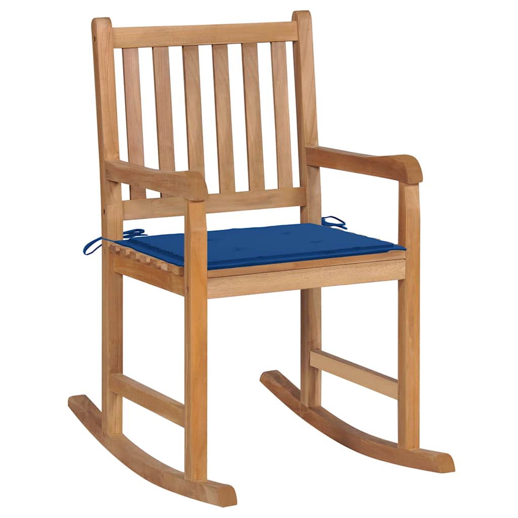 foto del prodotto sedia a dondolo con cuscino blu reale in massello di teak cod mxl 45613