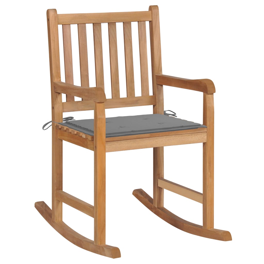 foto del prodotto sedia a dondolo con cuscino grigio in legno di teak cod mxl 45610