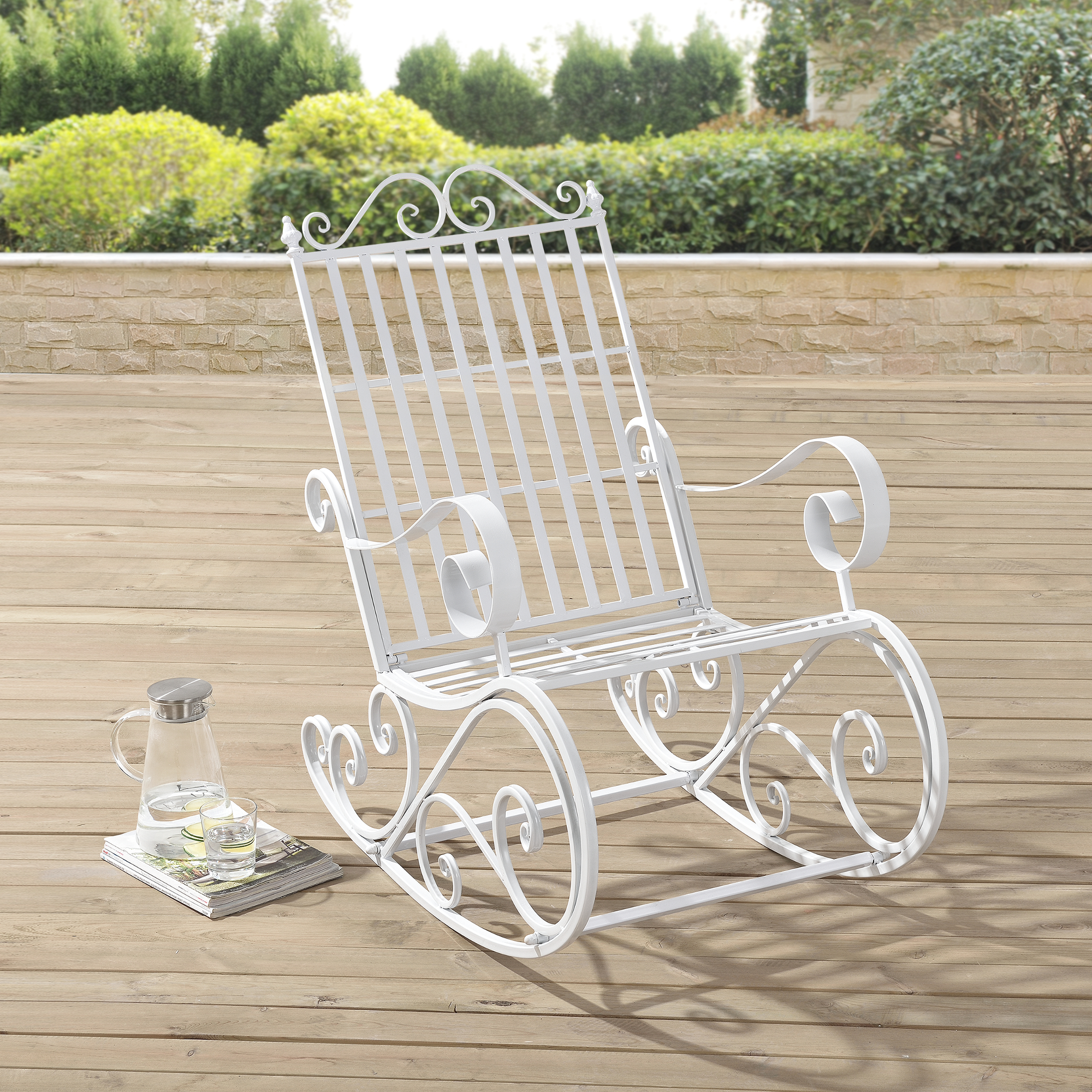 foto del prodotto sedia a dondolo da giardino sedia oscillante in metallo per uso esterno in stile vintage con braccioli decorativi 
