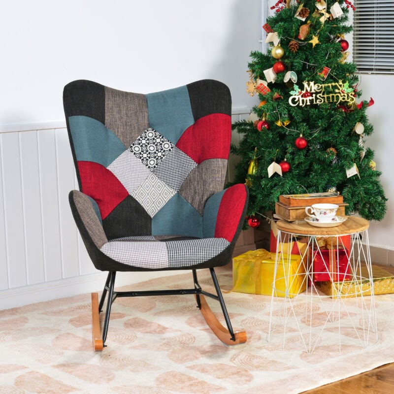 foto del prodotto sedia a dondolo in stile scandinavo, tessuto patchwork multicolore, gambe in faggio massiccio, adatta per soggiorno sala da pranzo ufficio meubles
