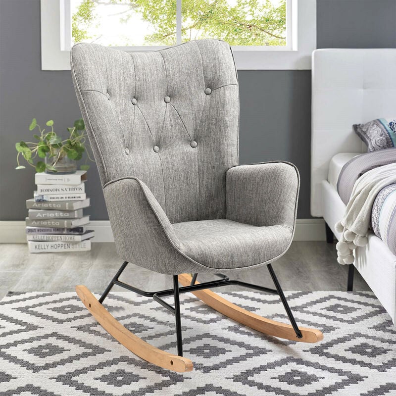 foto del prodotto sedia a dondolo in stile sedia a dondolo stile scandinavo tessuto grigio chiaro gambe in vero legno di faggio 68x 85x97cm, tessuto grigio 