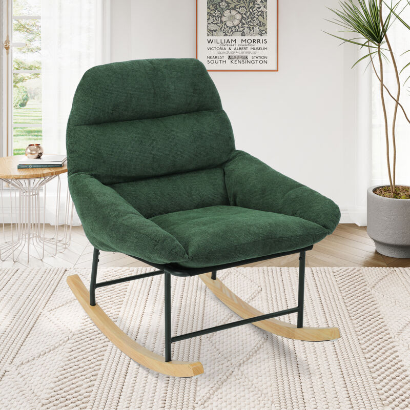 foto del prodotto sedia a dondolo in tessuto ciniglia sedia a dondolo imbottita per esterni gambe in legno massello sedia da lettura per adulti verde