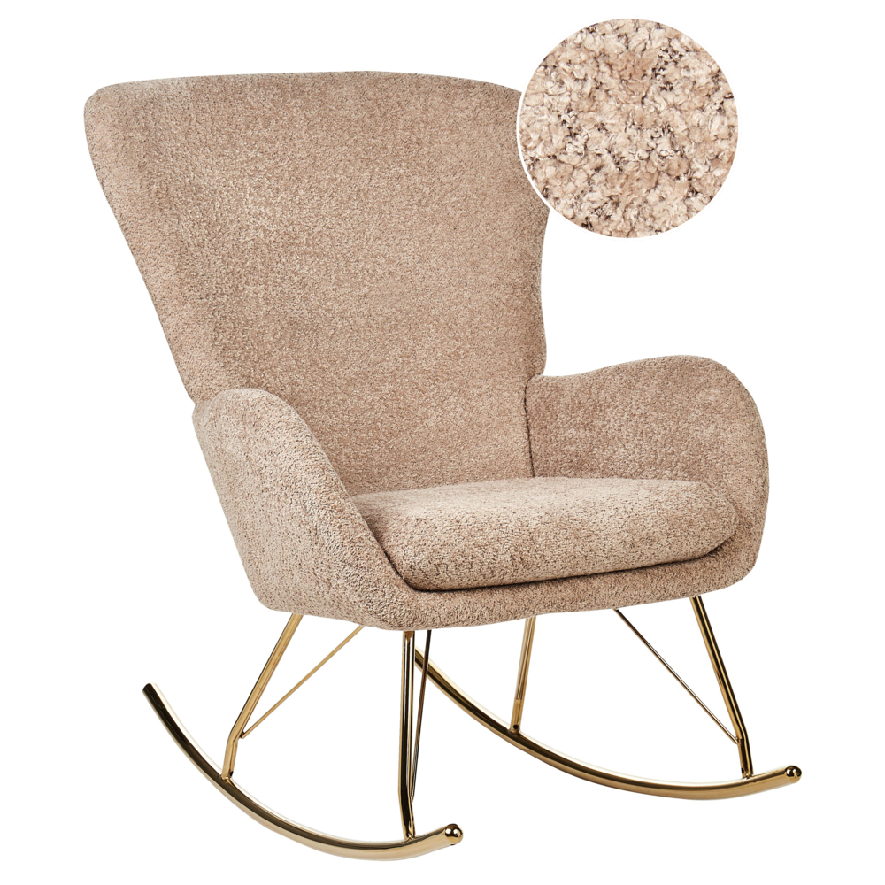 foto del prodotto sedia a dondolo in tessuto poliestere boucle beige rivestimento in metallo gambe a pattini design tradizionale e retrò