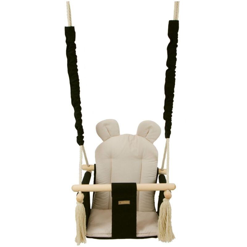 foto del prodotto sedia a dondolo per bambini altalena per bambini con orecchie massimo 20 kg nero e crema