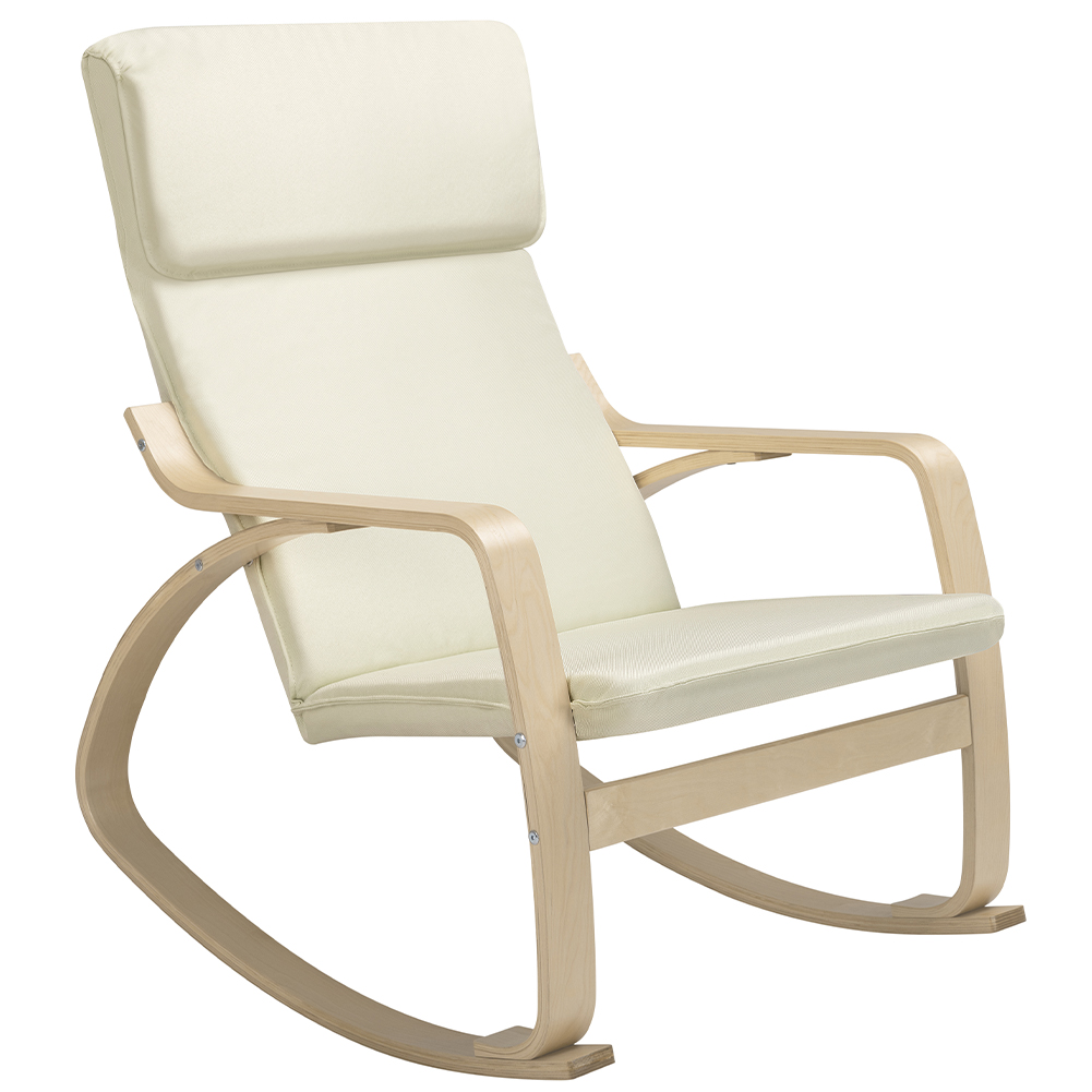 foto del prodotto sedia a dondolo poltrona relax in cotone beige con schienale cuscino ergonomici