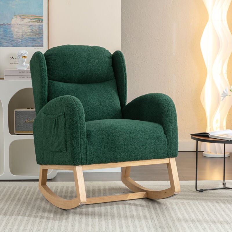 foto del prodotto sedia a dondolo, poltrona, sedia imbottita, tessuto teddy, comoda, soggiorno camera da letto, verde