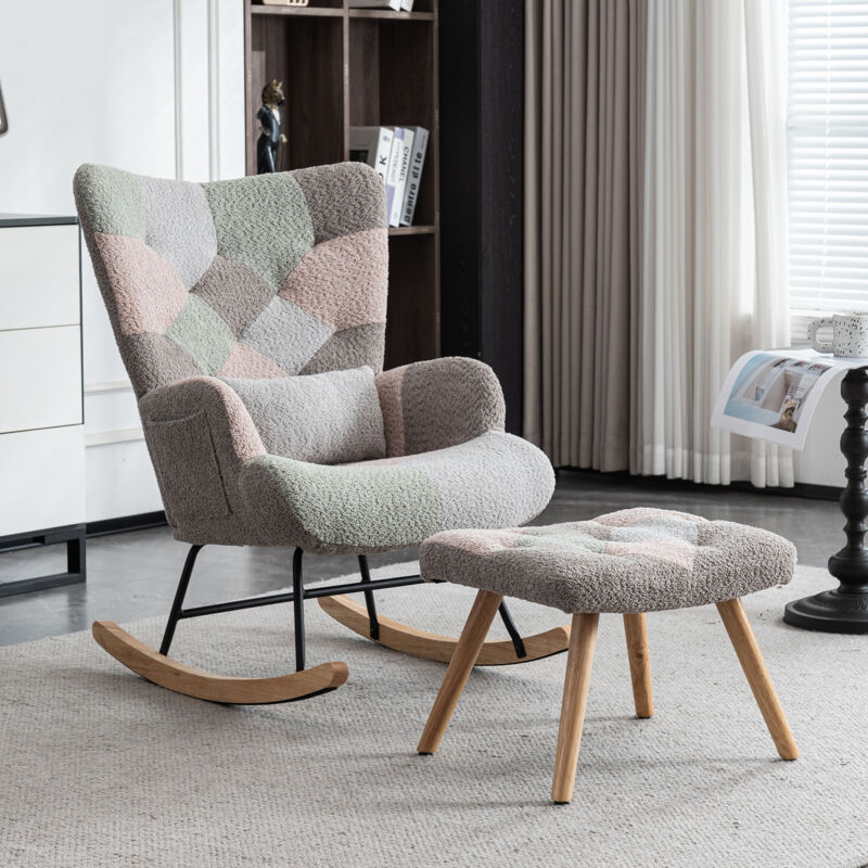 foto del prodotto sedia a dondolo scandinava in flanella, sedia a dondolo con poggiapiedi cuscino lombare, in tessuto patchwork multicolore