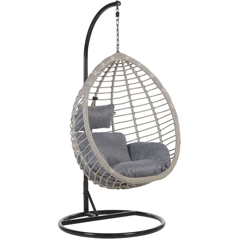 foto del prodotto sedia a dondolo sospesa con piedistallo in rattan grigio boho rustico tollo