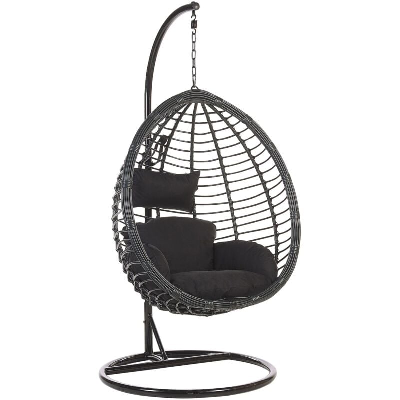 foto del prodotto sedia a dondolo sospesa con piedistallo in rattan nero boho rustico tollo