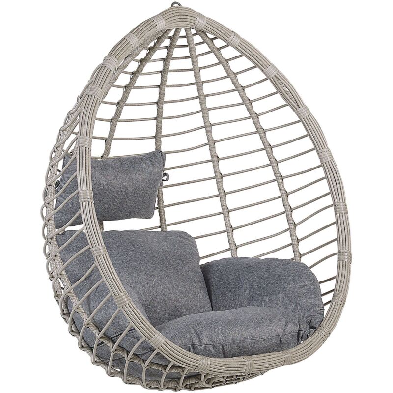 foto del prodotto sedia a dondolo sospesa da soffitto in rattan grigio in vimini boho rustico tollo