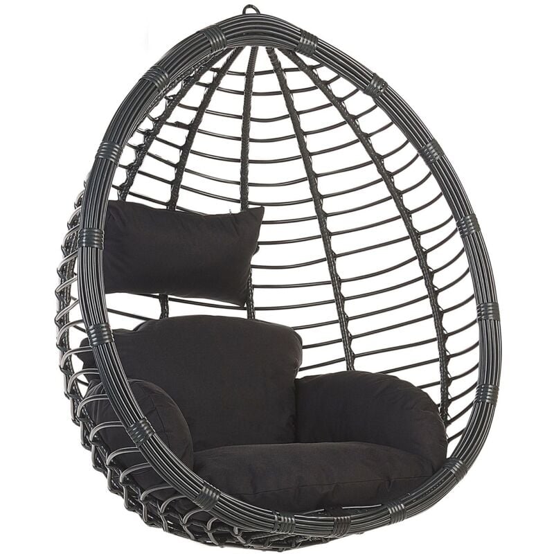 foto del prodotto sedia a dondolo sospesa da soffitto in rattan nero in vimini boho rustico tollo