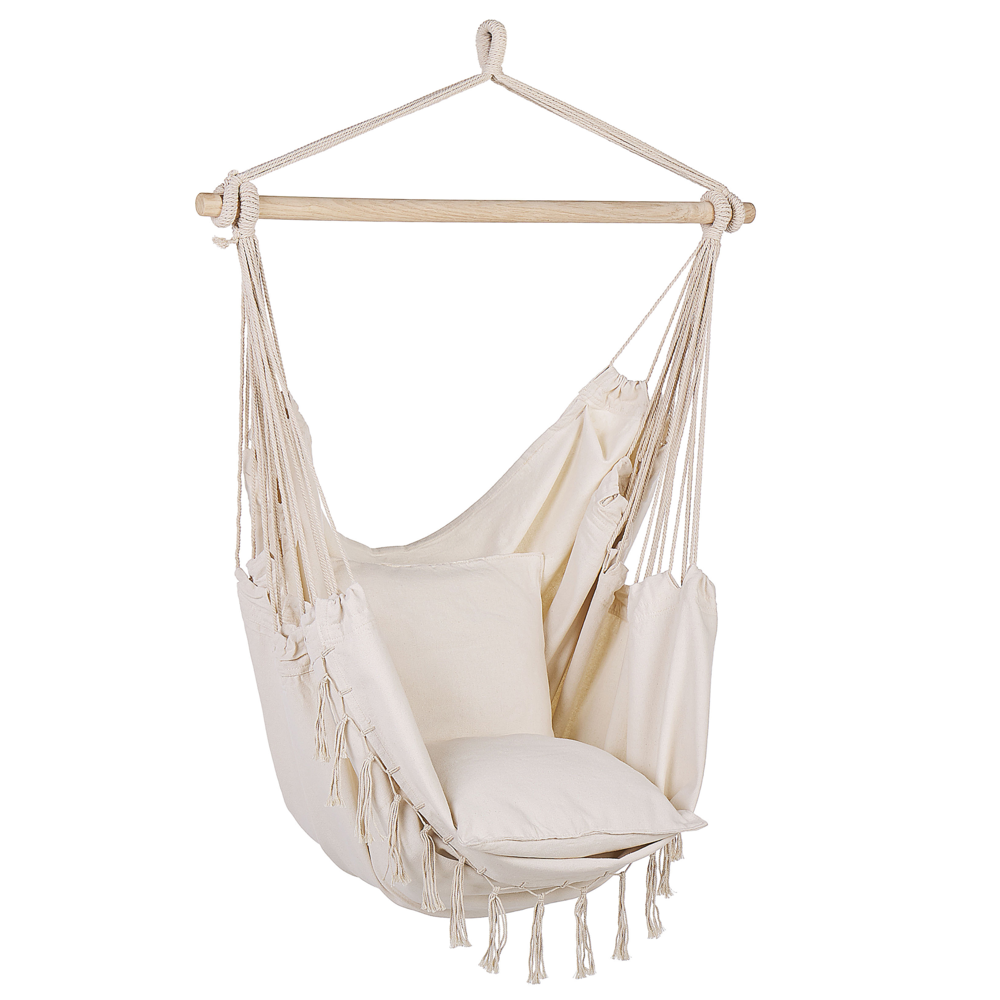 foto del prodotto sedia a dondolo sospesa in cotone beige e poliestere altalena per interni ed esterni in stile boho