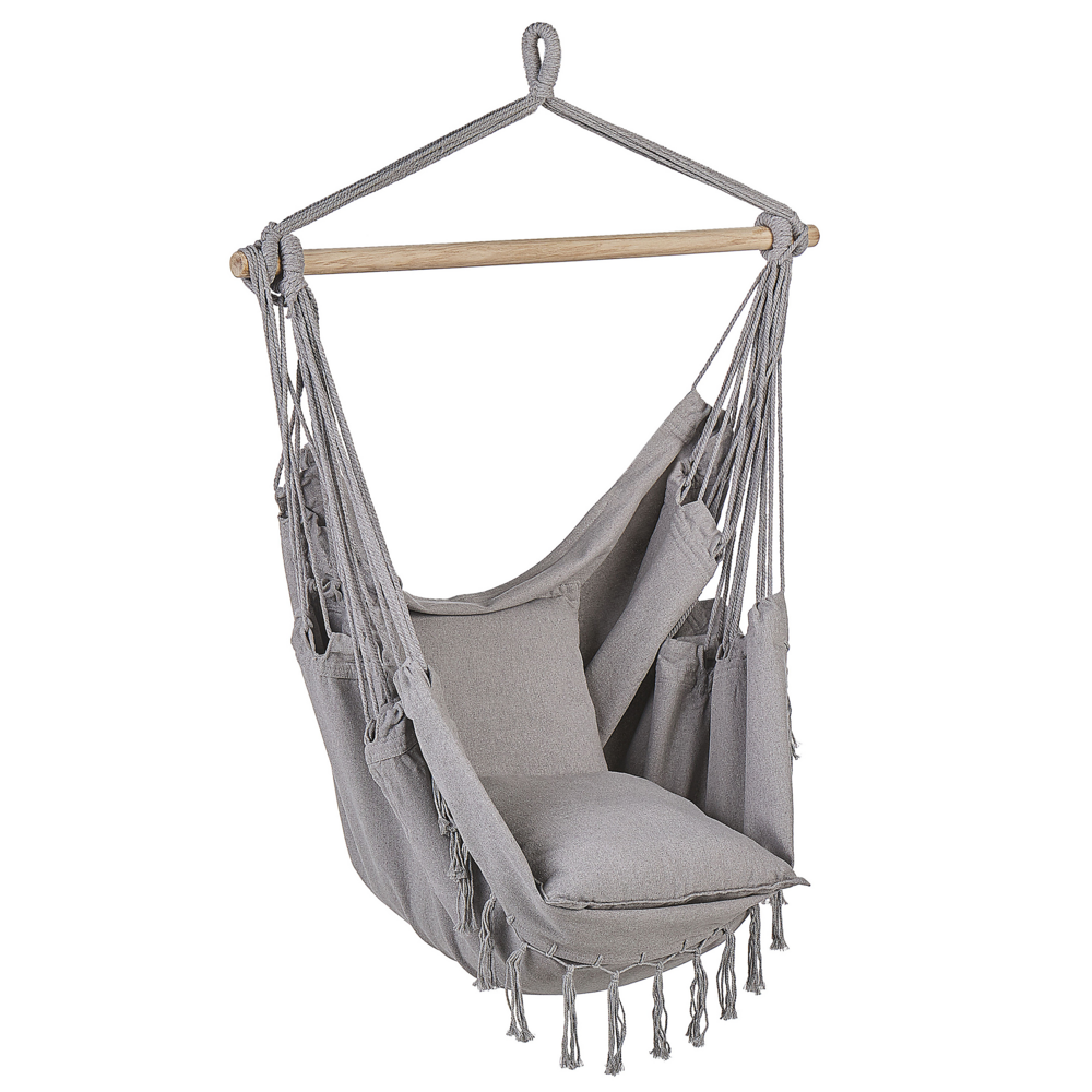 foto del prodotto sedia a dondolo sospesa in cotone grigio chiaro e sedile altalena in poliestere per interni ed esterni in stile boho