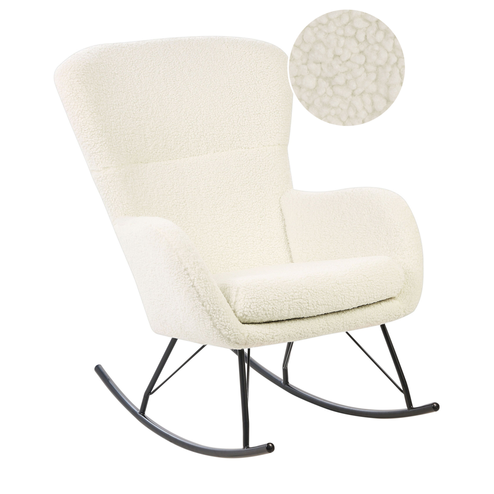 foto del prodotto sedia a dondolo tessuto poliestere boucle bianco e nero rivestimento gambe in metallo pattini design tradizionale retr 
