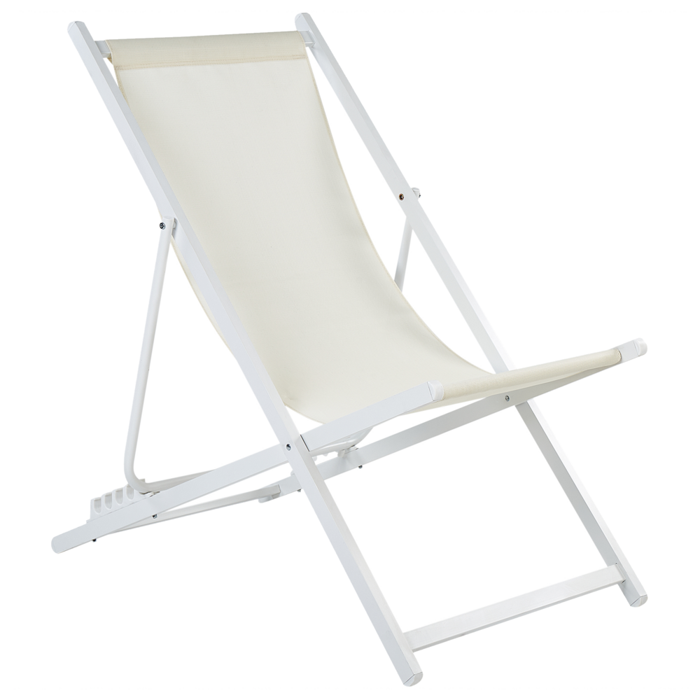 foto del prodotto sedia a sdraio pieghevole in textilene beige e bianco con motivo a righe sedia da spiaggia con schienale regolabile patio recliner