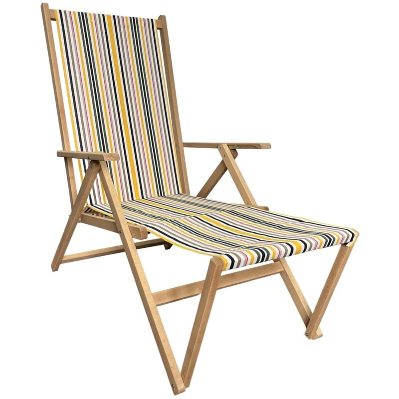 foto del prodotto sedia a sdraio relax in legno tela reclinabile pieghevole richiudibile salvaspazio prendisole portatile braccioli poggiapiedi da mare giardino
