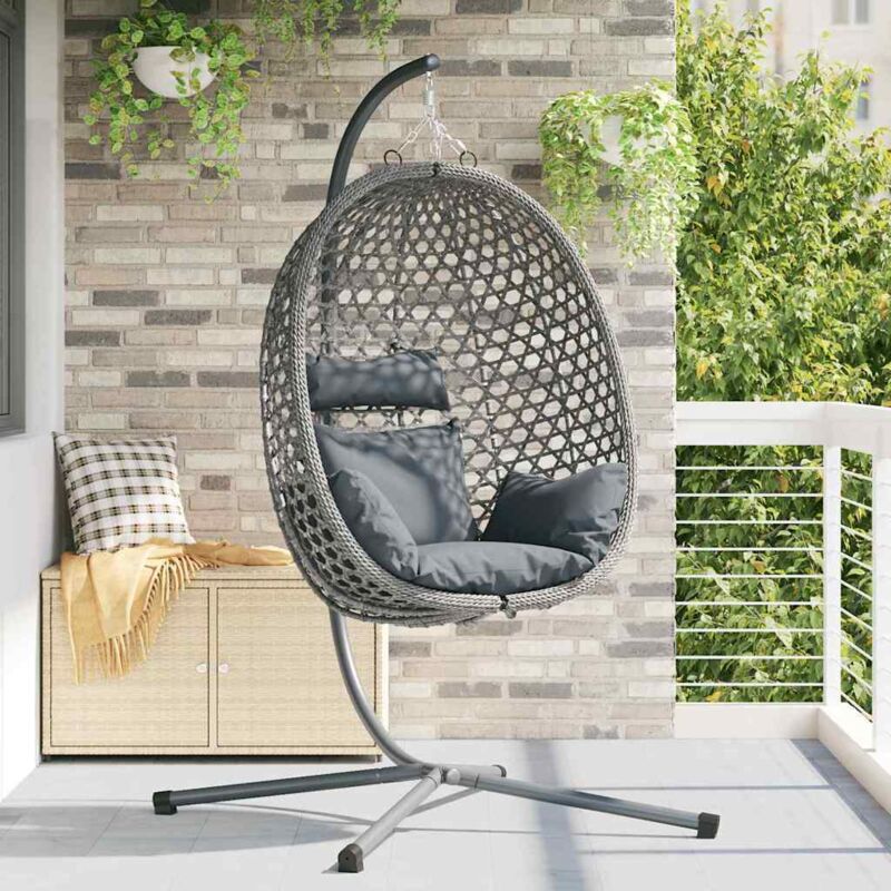 foto del prodotto sedia a uovo appesa con struttura grigia in polyrattan vidaxl