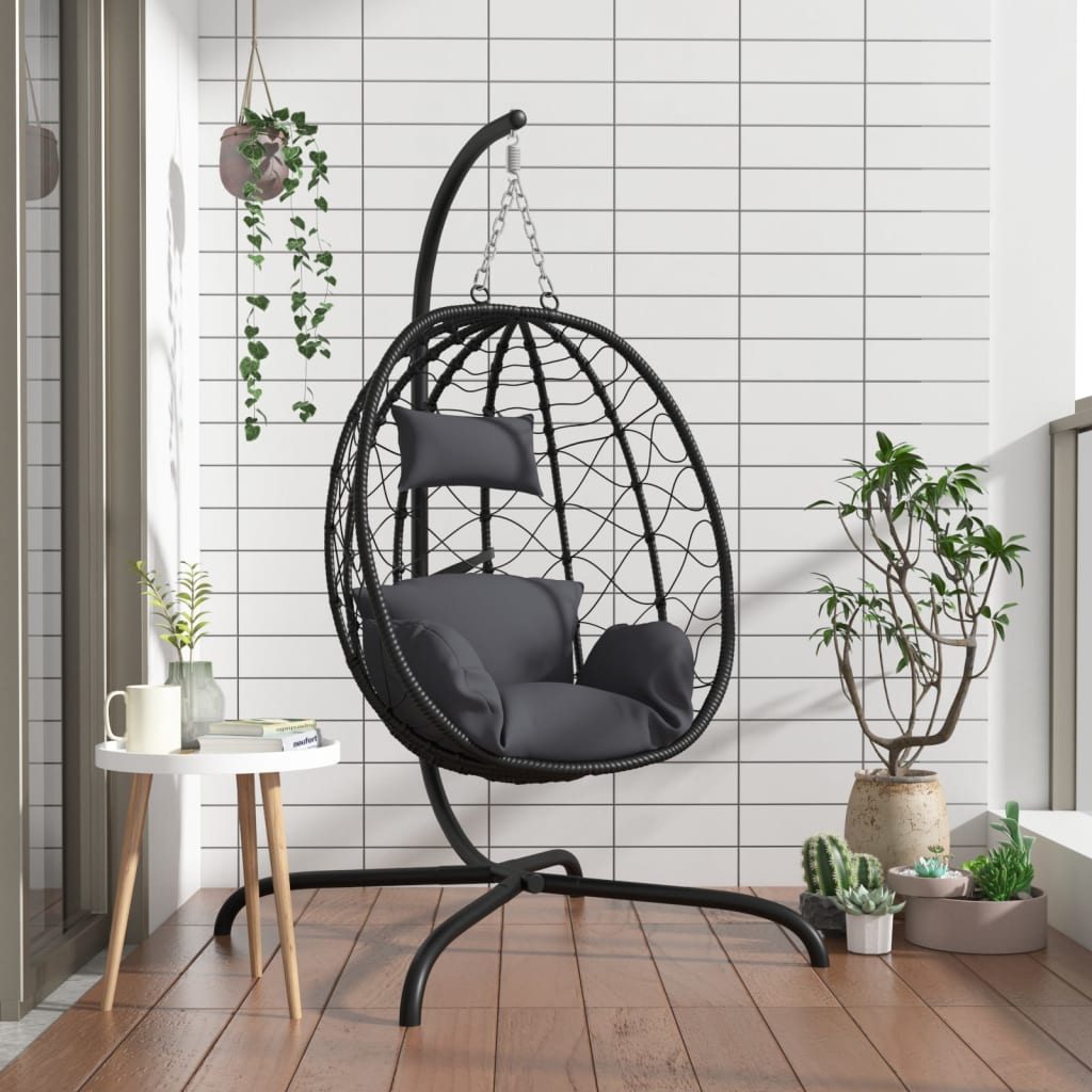 foto del prodotto sedia a uovo sospesa con cuscino antracite polyrattan e acciaio