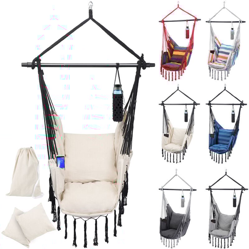 foto del prodotto sedia amaca con cuscino, a dondolo, appesa, carico150 kg, da interno, beige poltrona sospesa, altalena, macrame, hammock, da esterno, giardino,